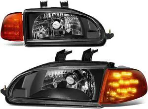 DNA Motoring HL-LED-HC922D-BK-CL1 For 1992 to 1995 Honda Civic Coupe Hatchback Pair Black Housing LED Turn Signal Headlight Corner Lamps
