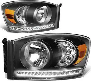 DNA Motoring HL-LED-RM06-BK-AM For 2006 to 2009 Dodge Ram Truck 1500 2500 3500 Pair LED Strip DRL Front Driving Headlight Lamps Black Housing Amber Corner 07 08