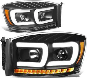 DNA Motoring HL-HPL-RM06-G2-BK-AM For 2006 to 2009 Dodge Ram Truck 1500 2500 3500 Pair LED Sequential Turn Signal+Dual DRL Projector Headlight Lamps Black Housing Amber Corner 07 08