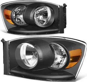 DNA Motoring HL-OH-RM06-BK-AM For 2006 to 2009 Dodge Ram Truck 1500 2500 3500 Pair Black Housing Amber Corner Front Driving Headlight Lamps 07 08 ( Black / Clear )
