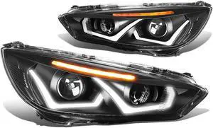 DNA Motoring HL-HPL-LED-FF16-BK-AM For 2015 to 2018 Focus Dual HALO LED DRL Light Bar+Turn Signal Projector Headlight Black Housing Amber Corner Headlamp 16