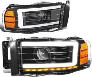 DNA Motoring HL-LB-DR02-BK-AM For 2002 to 2005 Dodge Ram 1500 2500 3500 Pair Black Housing Amber Corner LED DRL Sequential Turn Signal Projector Headlights