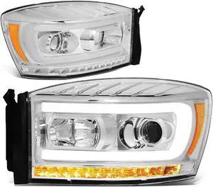 DNA Motoring HL-HPL-RM06-G-CH-AM For 2006 to 2009 Dodge Ram Truck 1500 2500 3500 Pair LED DRL+Sequential Turn Signal Projector Headlight Lamps Chrome Housing Amber Corner 07 08