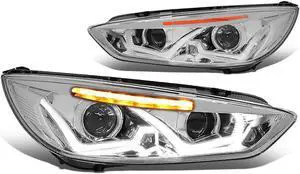 DNA Motoring HL-HPL-LED-FF16-CH-AM For 2015 to 2018 Focus Dual HALO LED DRL Light Bar+Turn Signal Projector Headlight Chrome Housing Amber Corner Headlamp 16