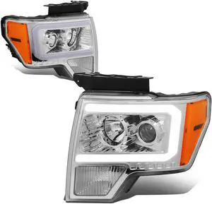DNA Motoring HL-LB-F15009-CH-AM For 2009 to 2014 Ford F-150 Pair Chrome Housing Amber Corner LED DRL Tube Projector Headlight Headlamps 10 11 12 13