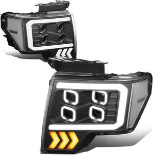DNA Motoring HL-LB-T8-F15009-BK-CL1 For 2009 to 2014 Ford F-150 Pair Black Housing Clear Corner LED DRL Tube Quad Projector Halo Headlight Lamps 10 11 12 13