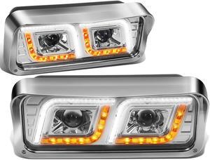 DNA Motoring HL-HAY-001-CH For 1981-2019 Kenworth W900 T800 Western Star 4800 LED DRL+ Turn Signal+ Dual Projector Headlight Lamp 10 11 12 13 14 15 16 17 18