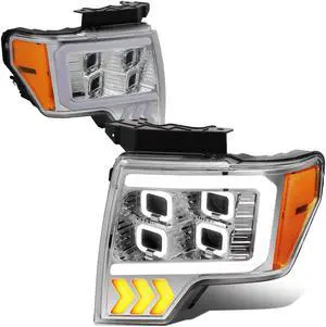 DNA Motoring HL-LB-T8-F15009-CH-AM For 2009 to 2014 Ford F-150 Pair Chrome Housing Amber Corner LED DRL Tube Quad Projector Halo Headlight Lamps 10 11 12 13