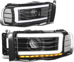 DNA Motoring HL-LB-DR02-BK-CL1 For 2002 to 2005 Dodge Ram 1500 2500 3500 Pair Black Housing Clear Corner LED DRL Sequential Turn Signal Projector Headlights