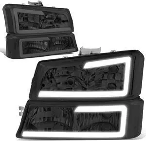 DNA Motoring HL-LB-CSIL03-SM-CL1 For 2003 to 2007 Chevy Silverado 1500 2500 3500HD Classic Avalanche Pair 3D LED DRL Bar Headlight + Bumper Lamps Smoked 04 05 06