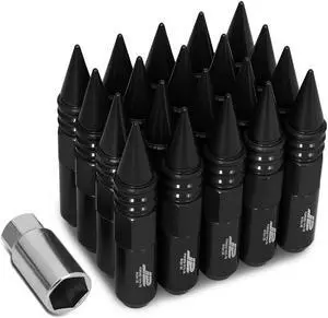 J2 Engineering LN-T7-016-15-BK J2 Engineering 7075 -T6 Forged Aluminum M12X1.5 20Pcs 107mm Height Spiky Cap Lug Nut Set w / Socket Adapter (Black)