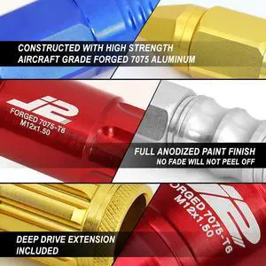 J2 Engineering LN-T7-025-125-BK J2 Engineering 7075 -T6 Forged Aluminum M12 X 1.25 20Pcs 70mm Open -End Lug Nut w/ Socket Adapter Key ( Black )