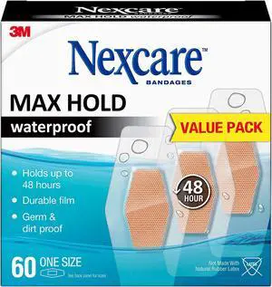 3M Max Hold Nexcare Waterproof Bandages: One Size 60 count, 1.25 in. x 2.5 in. (Clear)