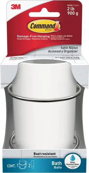 Command Bath Accessory Organizer: 3.4 in. x 4.4 in. x 3.8 in. (Satin Nickel)