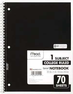 Mead 1-Subject Spiral Notebook [College Ruled]: 7-1/2 in. x 10-1/2 in. (Black) *70 sheets