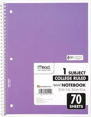 Mead 1-Subject Spiral Notebook [College Ruled]: 7-1/2 in. x 10-1/2 in. (Purple) *70 sheets