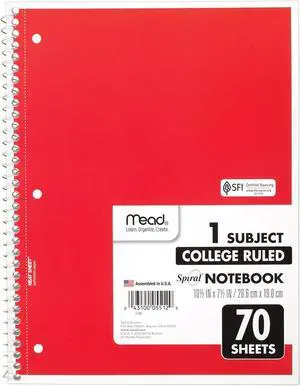 Mead 1-Subject Spiral Notebook [College Ruled]: 7-1/2 in. x 10-1/2 in. (Red) *70 sheets