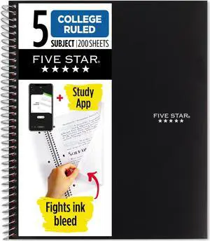 Five Star 5-Subject Spiral Notebook [College Ruled]: 8 in. x 0.319 yds. (Black)