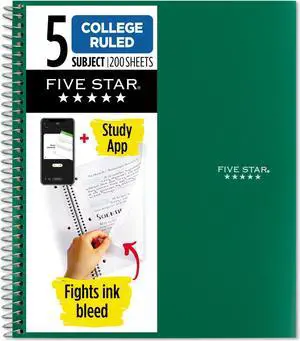 Five Star 5-Subject Spiral Notebook [College Ruled]: 8 in. x 0.319 yds. (Green)