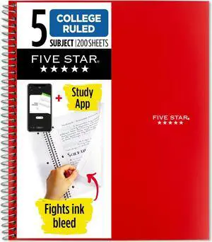 Five Star 5-Subject Spiral Notebook [College Ruled]: 8 in. x 0.319 yds. (Red)