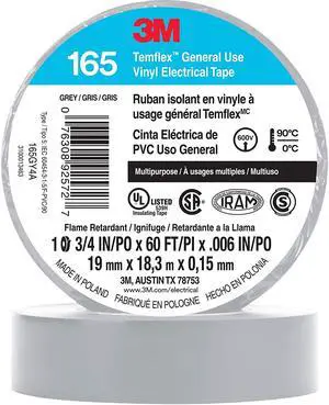 3M Temflex Solvent-Free Vinyl Electrical Tape [6 mil] (165): 3/4 in. x 60 ft. (Grey) *10-pack