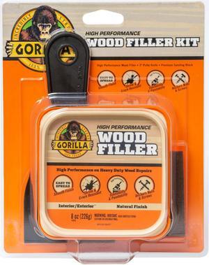 Gorilla High Performance Wood Filler Kit: 8 oz. tub, 3 in. knife, sanding block (Natural)