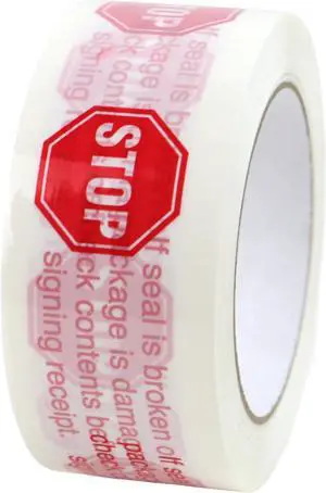 FindTape Printed Carton Sealing Tape (BOPP-LEG): 2 in. (48mm actual) x 110 yds. (White with Red "STOP - If Seal Is Broken" printing)