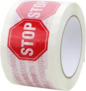 FindTape Printed Carton Sealing Tape (BOPP-LEG): 3 in. (72mm actual) x 110 yds. (White with Red "STOP - If Seal Is Broken" printing)