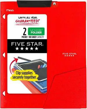 Five Star Clip 'N Store 2-Pocket Plastic Folder: 9-1/2 in. x 0.319 yds. (Fire Red)