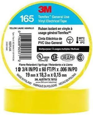 3M Temflex Solvent-Free Vinyl Electrical Tape [6 mil] (165): 3/4 in. x 60 ft. (Yellow) *10-pack