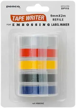 HIGHTIDE Penco Tape Writer Refills: 9mm x 12m rolls / 5-pack / Assorted (Silver, Red, Yellow, Green, Blue)