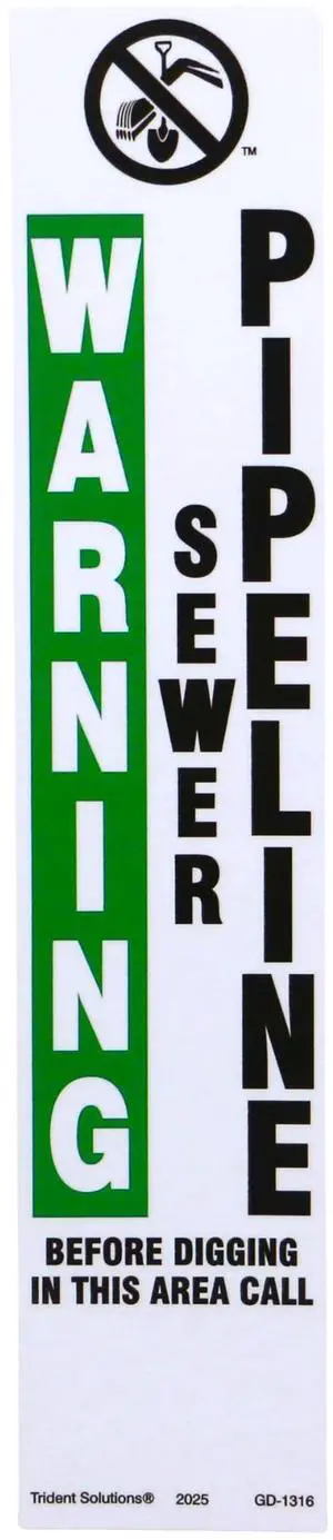 Rhino TriView Marker Post Vinyl Warning Decal: decal-only / 2-7/8 in. x 14-16 in. (White with WARNING SEWER PIPELINE printing)