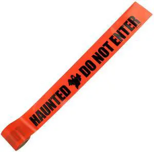 [NO ADHESIVE] FindTape Halloween Printed Barricade Tape [3 mil thick]: 3 in. x 100 ft. (Orange with Black "HAUNTED DO NOT ENTER" printing)
