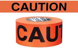 [NO ADHESIVE] Presco HI-VIZ Printed Barricade Tape [3 mil thick PVC]: 3 in. x 500 ft. (Neon Orange with Black "CAUTION" printing)