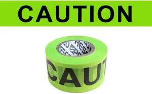 [NO ADHESIVE] Presco HI-VIZ Printed Barricade Tape [3 mil thick PVC]: 3 in. x 500 ft. (Neon Lime Green with Black "CAUTION" printing)