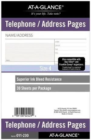 At-A-Glance Telephone & Address Planner Pages: 5-1/2 in. x 8-1/2 in. (White)