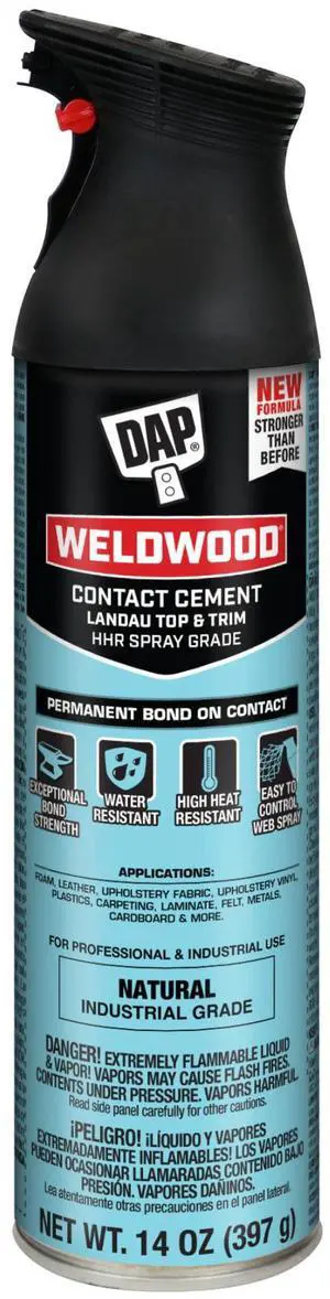 DAP Weldwood Landau Top & Trim HHR Spray Contact Adhesive: 14.0 oz. (Clear) 7079800127 DAP Weldwood Landau Top & Trim HHR Spray Contact Adhesive: 14.0 oz. (Clear) 7079800127
