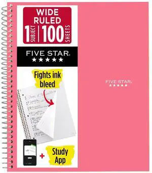Five Star 1-Subject Spiral Notebook: 8 in. x 10-1/2 in. (Pink) 05200-PK Five Star 1-Subject Spiral Notebook: 8 in. x 10-1/2 in. (Pink) 05200-PK