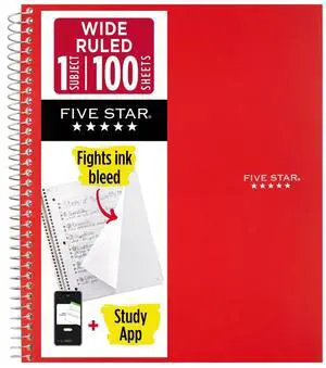 Five Star 1-Subject Spiral Notebook: 8 in. x 10-1/2 in. (Red) 05200-RD Five Star 1-Subject Spiral Notebook: 8 in. x 10-1/2 in. (Red) 05200-RD