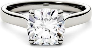 14K White Gold Moissanite by Charles & Colvard 7.5mm Cushion Engagement Ring-size 5, 2.00ct DEW