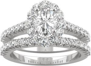 14K White Gold Moissanite by Charles & Colvard 7x5mm Oval Halo Bridal Set-size 5 1.88cttw DEW