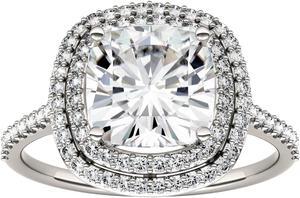14K White Gold Moissanite by Charles & Colvard 8.0mm Cushion Halo Engagement Ring-size 6 2.90cttw DEW