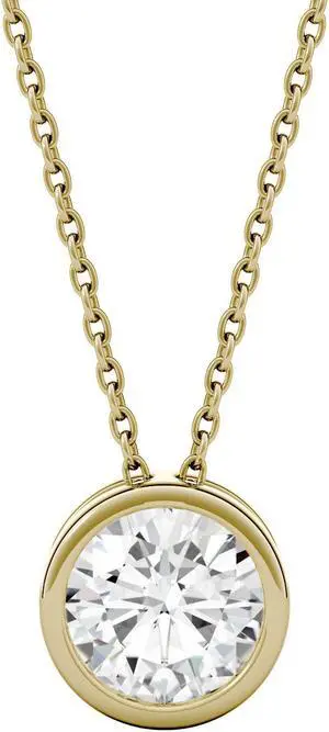 14K Yellow Gold Moissanite by Charles & Colvard 6.5mm Round Pendant Necklace 1.00ct DEW