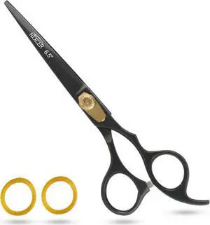 Nixcer Professional Razor Edge Series Stainless Steel Barber Hair Cutting Scissor - 6.5" With Fine Adjustment  Detachable Finger Insert Shear - For Men, Women & Babies Black / Gold