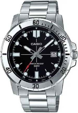 Casio Mens Analog Stainless Steel Band and Case Silver Black Dial 50-meter Water Resistance Watch  MTP-VD01D-1EVUDF