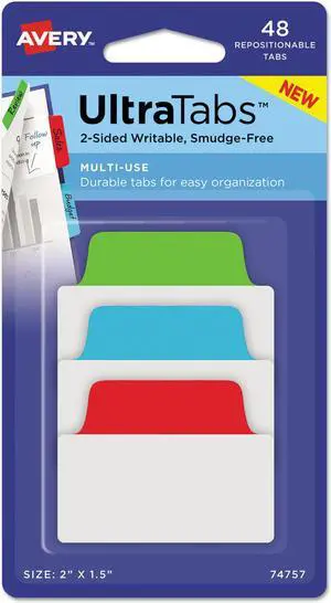 Ultra Tabs Repositionable Tabs, 2 X 1 1/2, Primary: Blue, Green, Red, 48/pack