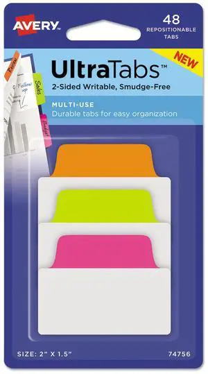 Ultra Tabs Repositionable Tabs, 2 X 1 1/2, Neon: Green, Orange, Pink, 48/pack