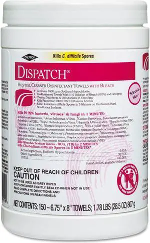 Clorox CLO 69150 Dispatch Hospital Cleaner Disinfectant Towels with Bleach Wipes Canister (150 CT.)