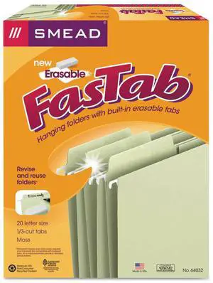 Erasable Fastab Hanging Folders, 1/3-Cut, Letter, 11 Point Stock, Moss, 20/box
