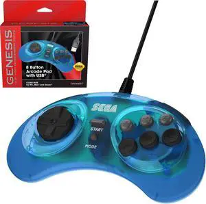 Retro-Bit Official Sega Genesis 8-Button Arcade Pad - USB Port - Clear Blue - PC; Mac; Linux